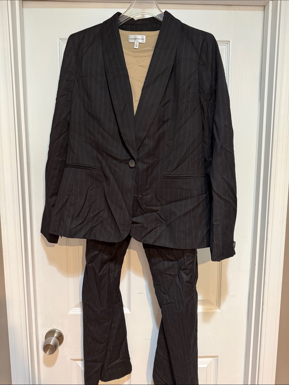 3 Piece Jones New York Black Pinstripe Suit - Blazer, Top & Trousers